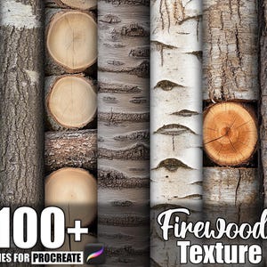Può includere: Una grafica di arte digitale con varie trame di legna da ardere. L'immagine mostra sezioni trasversali di tronchi e corteccia, con una varietà di colori e motivi. Il testo sull'immagine recita "100+ Brushes for Procreate" e "Firewood Texture."
