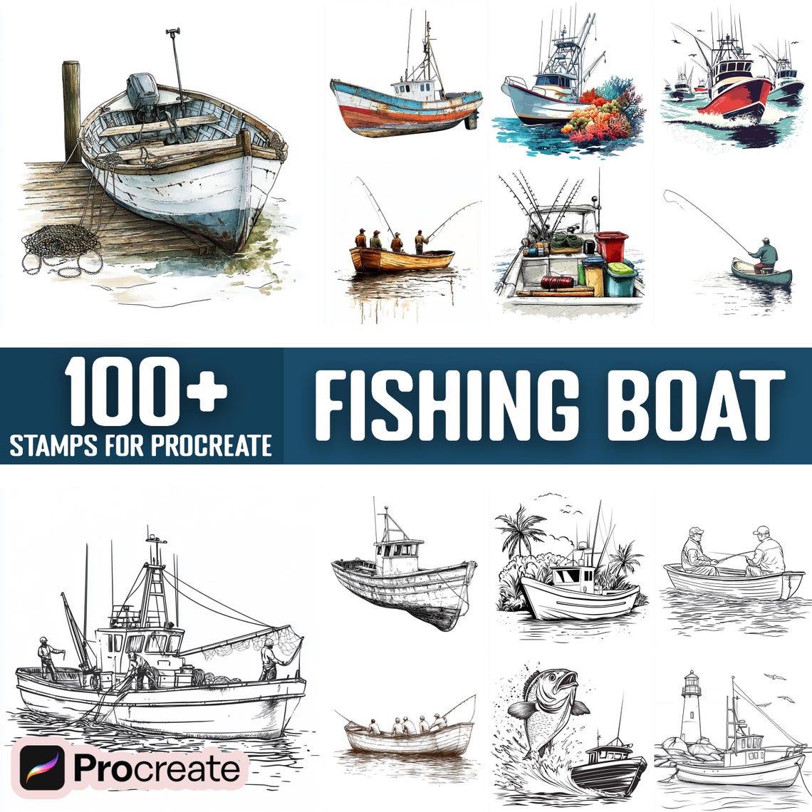 100+ Fishing Boat Procreate Stamps, Brushes for Procreate, Instant ...