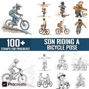 100+ timbri Procreate con posa del figlio in bicicletta, pennelli per Procreate, download digitale istantaneo