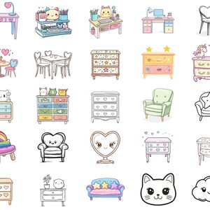 May include: A collection of cute cartoon illustrations featuring furniture, animals, and other objects. The illustrations are in a variety of colors, including pink, blue, yellow, and green. The illustrations are perfect for use in a variety of creative projects, such as scrapbooking, card making, and digital design.