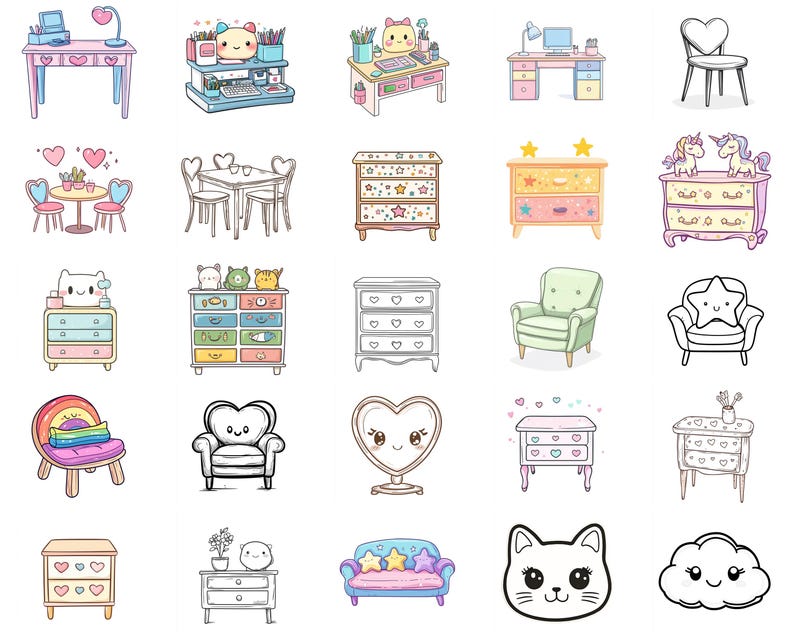 May include: A collection of cute cartoon illustrations featuring furniture, animals, and other objects. The illustrations are in a variety of colors, including pink, blue, yellow, and green. The illustrations are perfect for use in a variety of creative projects, such as scrapbooking, card making, and digital design.