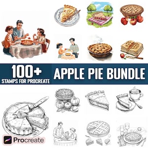Könnte beinhalten: Eine Sammlung von Illustrationen von Apfelkuchen, darunter ganze Kuchen, Scheiben und Szenen von Menschen, die Kuchen essen. Der Text lautet "100+ APPLE PIE BUNDLE" und "STAMPS FOR PROCREATE".
