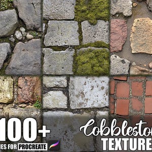 Può includere: Grafica di arte digitale con varie texture di ciottoli. L'immagine mostra vari tipi di pietra, tra cui grigio, rosso e beige, con alcune sezioni coperte di muschio verde. Il testo recita "100+ Brushes for Procreate" e "Cobblestone Texture."