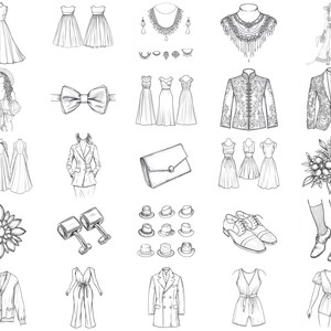 Pu&ograve; includere: Una collezione di disegni in bianco e nero di vari accessori di moda e capi di abbigliamento, tra cui abiti, giacche, cappelli, gioielli e scarpe.