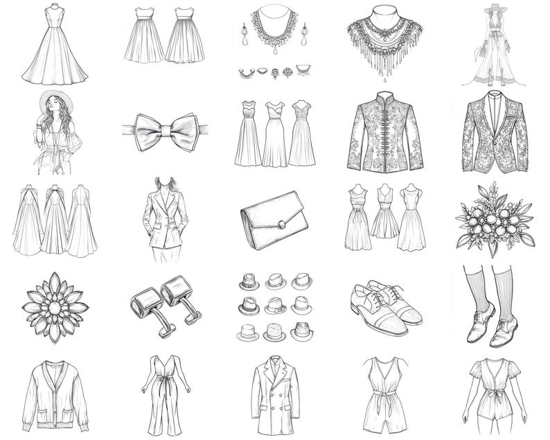 Pu&ograve; includere: Una collezione di disegni in bianco e nero di vari accessori di moda e capi di abbigliamento, tra cui abiti, giacche, cappelli, gioielli e scarpe.