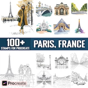 May include: A set of 100+ digital stamps for Procreate featuring illustrations of iconic Parisian landmarks, including the Eiffel Tower, the Louvre, and the Arc de Triomphe. The stamps are in black and white line art style.