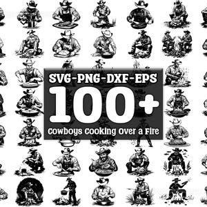 Op de afbeelding: Een verzameling van meer dan 100 zwart-wit illustraties van cowboys die koken boven een vuur. De illustraties zijn in vintage stijl en tonen cowboys in verschillende poses, die verschillende gerechten koken boven een vuur.
