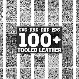 Könnte beinhalten: Eine Sammlung von über 100 schwarz-weißen Mustern für geprägtes Leder. Die Designs sind filigran und detailliert und eignen sich perfekt für eine Vielzahl von Lederhandwerksprojekten.