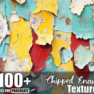 Op de afbeelding: Een close-up van een verweerd oppervlak met afbladderende verf in tinten geel, rood, turquoise en wit. De afbeelding bevat de tekst "100+ Brushes for Procreate" en "Chipped Enamel Texture."
