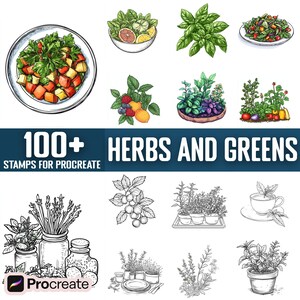 Puede incluir: Un conjunto de más de 100 sellos digitales para Procreate con ilustraciones dibujadas a mano de hierbas y verduras. Los sellos incluyen varias hierbas y verduras, como albahaca, romero, tomillo, perejil y menta, en diferentes estilos, incluyendo hojas individuales, racimos y plantas en maceta.