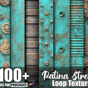 May include: Digital art textures featuring teal and rust-colored metal panels, gears, and rivets. The image includes the text "100+ Brushes for Procreate" and "Patina Streak Loop Texture."