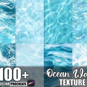 May include: A digital art product showcasing a collection of ocean wave textures in various shades of blue. The image features eight square panels displaying different wave patterns, with the text "100+ Brushes for Procreate" and "Ocean Wave Texture".