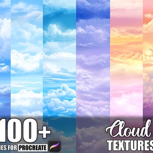 Pode incluir: Um ativo de arte digital que apresenta uma coleção de texturas de nuvens em várias cores, incluindo azuis, roxos, rosas e laranjas. A imagem inclui o texto "100+ BRUSHES FOR PROCREATE" e "Cloud TEXTURES".