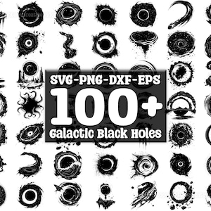 Puede incluir: Una colección de más de 100 diseños de agujeros negros galácticos en blanco y negro, en varias formas y estilos. La imagen incluye el texto "SVG-PNG-DXF-EPS" y "100+ Galactic Black Holes".