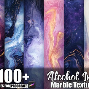 May include: A collection of colorful alcohol ink marble textures. The image features a variety of vertical panels with swirling patterns in shades of pink, blue, purple, and gold. Text reads "100+ Brushes for Procreate" and "Alcohol Ink Marble Texture."