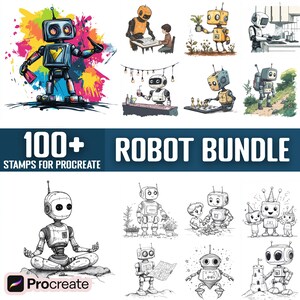 May include: A set of 100+ robot stamps for Procreate, featuring various robot designs in black and white and color. The stamps include robots in different poses, with different expressions, and with different accessories. The stamps are perfect for adding a touch of whimsy and fun to your digital art.