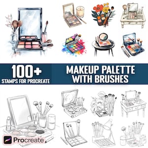 May include: A set of 100+ digital stamps for Procreate featuring makeup palettes and brushes. The stamps are in black and white and are designed to look like hand-drawn illustrations. The image shows a variety of makeup palettes, brushes, and other makeup-related items.