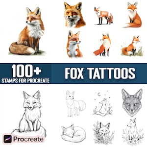 以下が含まれることがあります： Procreate 用の 100 以上のキツネのタトゥーのデジタルイラストセット。このセットには、リアルなキツネ、漫画のキツネ、スタイリッシュなキツネなど、さまざまなキツネのデザインが含まれています。キツネは、座っている、立っている、走っているなど、さまざまなポーズをとっています。このセットには、花、葉、星など、さまざまな背景も含まれています。