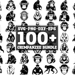 Peut inclure: Un lot d'illustrations numériques en noir et blanc de plus de 100 silhouettes de chimpanzés. Le texte "SVG-PNG-DXF-EPS 100+ CHIMPANZEE BUNDLE" est affiché au centre de l'image.