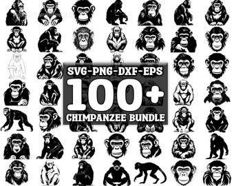 Paquete SVG de chimpancés (100 unidades), descarga digital instantánea (PNG, SVG, EPS, DXF)