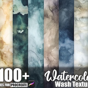 Puede incluir: Un gráfico de arte digital que presenta una colección de texturas de lavado de acuarela en varios colores, incluyendo tonos de azul, verde y marrón. La imagen incluye el texto "100+ Brushes for Procreate" y "Watercolor Wash Texture".