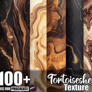 Puede incluir: Imagen de arte digital que muestra una colección de texturas de carey en varios tonos de marrón, dorado y negro. La imagen incluye el texto "100+ Brushes for Procreate" y "Tortoiseshell Texture."