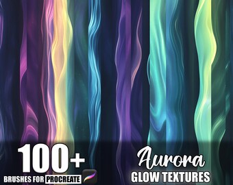 May include: Digital art product featuring a collection of colorful, flowing aurora-like textures. The image displays vertical bands of vibrant colors, including purple, yellow, blue, and green. Text reads "100+ Brushes for Procreate" and "Aurora Glow Textures."
