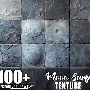 May include: A digital art graphic featuring a grid of sixteen square tiles, each with a unique textured surface resembling the moon's surface. The tiles vary in shades of gray and blue, with craters and rough textures. Text at the bottom reads "100+ Brushes for Procreate" and "Moon Surface Texture."