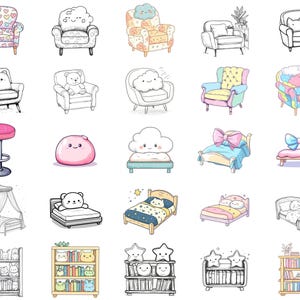 May include: A set of 25 illustrations featuring various furniture and decor items, including chairs, beds, bookshelves, and a bar stool. The illustrations are in a cartoon style and feature a variety of colors and patterns.
