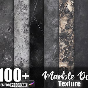 May include: A digital art graphic showcasing a collection of marble dust textures in various shades of gray and black. The image includes the text "100+ Brushes for Procreate" and "Marble Dust Texture".