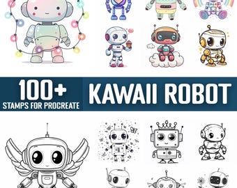 100+ Kawaii Robot Procreate Stamps, Brushes for Procreate, Instant Digital Download