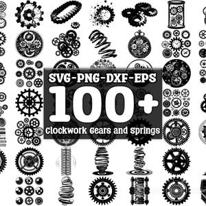 Könnte beinhalten: Eine Sammlung von über 100 Schwarzweiß-Vektorillustrationen von Uhrwerkgetrieben und Federn. SVG - PNG - DXF - EPS.
