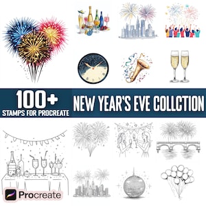 May include: A collection of 100+ New Year's Eve stamps for Procreate. The stamps feature illustrations of fireworks, champagne glasses, a clock, a party horn, a bridge, a disco ball, balloons, and more.