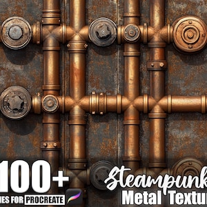 Può includere: Un dettagliato sfondo di texture metallica steampunk con tubi, valvole e raccordi color rame su una superficie metallica arrugginita e usurata. L'immagine include il testo "100+ Brushes for Procreate" e "Steampunk Metal Texture".