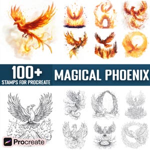Könnte beinhalten: Eine Sammlung von Phönix-Illustrationen in verschiedenen Stilen und Farben, darunter feuriges Orange und Schwarz-Weiß-Linienkunst. Der Text lautet "100+ MAGICAL PHOENIX STAMPS FOR PROCREATE".