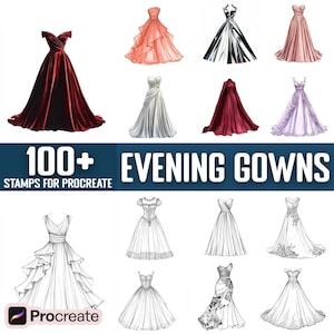 May include: A set of 100+ evening gown illustrations for Procreate. The illustrations include a variety of styles, from classic to modern, and are perfect for creating your own fashion designs.