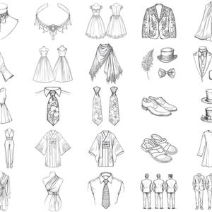 Pu&ograve; includere: Una collezione di illustrazioni disegnate a mano di vari capi di abbigliamento e accessori, tra cui abiti, camicie, cravatte, scarpe, cappelli e gioielli. Le illustrazioni sono in bianco e nero e hanno uno stile vintage.