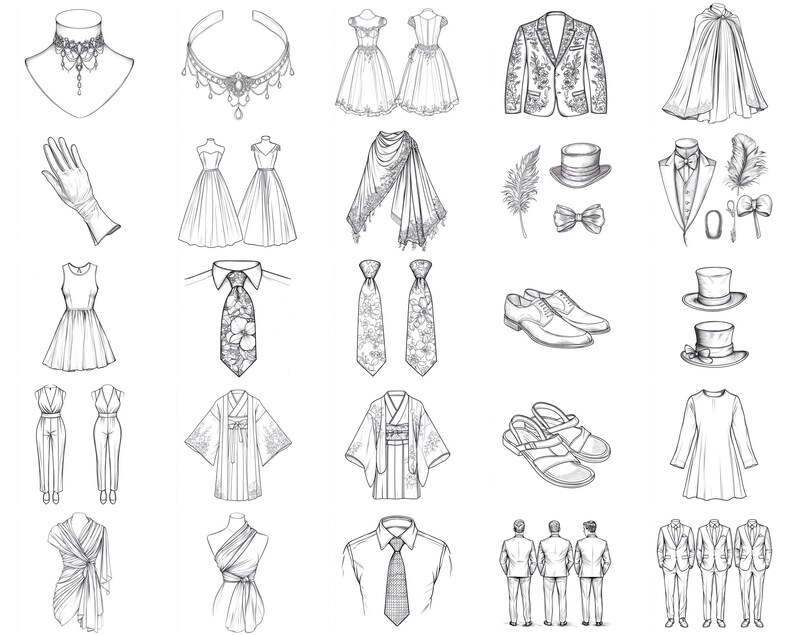 Pu&ograve; includere: Una collezione di illustrazioni disegnate a mano di vari capi di abbigliamento e accessori, tra cui abiti, camicie, cravatte, scarpe, cappelli e gioielli. Le illustrazioni sono in bianco e nero e hanno uno stile vintage.