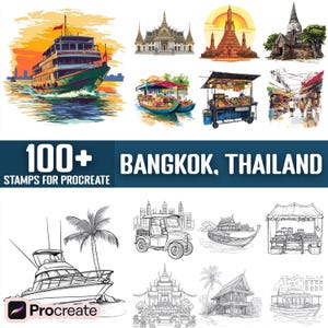 Könnte beinhalten: Ein Set mit über 100 digitalen Stempeln für Procreate mit Illustrationen von Bangkok, Thailand. Die Stempel beinhalten Sehenswürdigkeiten, Streetfood, Transportmittel und andere ikonische Elemente der Stadt. Die Stempel sind im Schwarzweiß-Linienkunst-Stil gehalten.