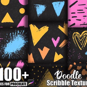 May include: A digital art graphic featuring a collection of colorful doodle textures and brush strokes on a black background. The image includes geometric shapes, hearts, and paint splatters in yellow, pink, blue, and orange. Text reads "100+ Brushes for Procreate" and "Doodle Scribble Texture."