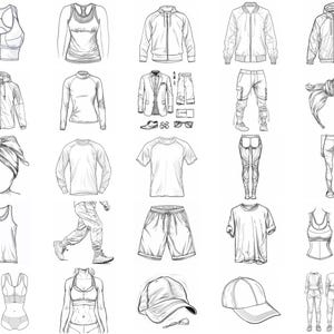 May include: A collection of fashion illustrations featuring various clothing items, including jackets, shirts, pants, shorts, tops, and hats. The illustrations are drawn in black and white and are presented in a grid format.