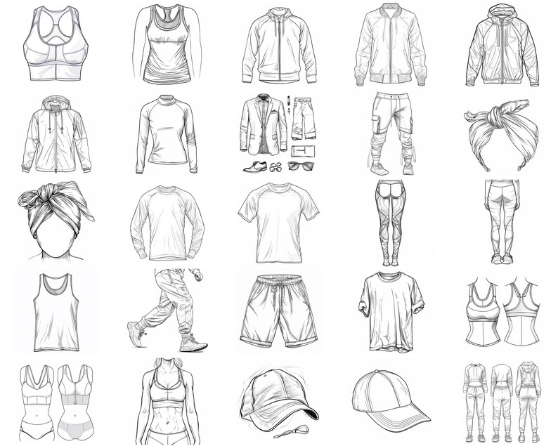 May include: A collection of fashion illustrations featuring various clothing items, including jackets, shirts, pants, shorts, tops, and hats. The illustrations are drawn in black and white and are presented in a grid format.