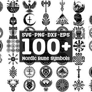 Può includere: Una collezione di oltre 100 simboli di rune nordiche in bianco e nero. I simboli sono in una varietà di stili, tra cui geometrico, astratto e figurativo. SVG-PNG-DXF-EPS.