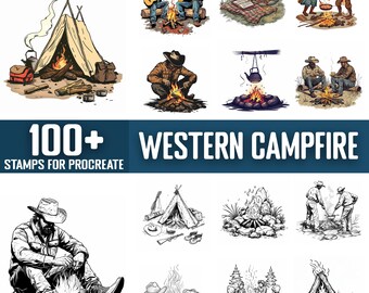 Mais de 100 carimbos e pincéis para Procreate com tema de fogueira no Velho Oeste, disponíveis para download digital instantâneo.