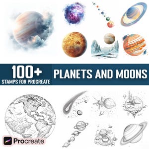 Könnte beinhalten: Ein digitales Illustrationsset mit über 100 Planeten und Monden zur Verwendung mit der Procreate-App. Das Set enthält eine Vielzahl von Planeten, Monden und anderen Himmelskörpern, darunter einen Kometen, eine Raumstation und ein Raumschiff. Die Illustrationen sind in Schwarzweiß gehalten und eignen sich perfekt für die Erstellung von Weltraum-Kunstwerken.