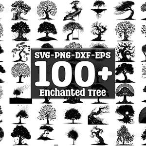 May include: A collection of over 100 black and white enchanted tree designs in SVG, PNG, DXF, and EPS formats. The illustrations showcase various tree styles, including those with butterflies, swings, and unique branch formations.