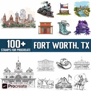 May include: A set of 100+ digital stamps for Procreate featuring illustrations of Fort Worth, Texas. The stamps include a train, a building, a cowboy hat, a frog, a barn, and more.