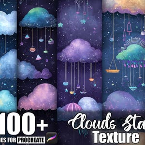 Puede incluir: Ilustración digital con nubes de acuarela, estrellas y elementos decorativos colgantes sobre un fondo azul oscuro. Incluye el texto "100+ Brushes for Procreate" y "Clouds Stars Texture."
