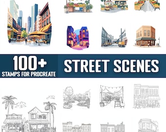 Más de 100 sellos y pinceles de escenas callejeras para Procreate, descarga digital instantánea.
