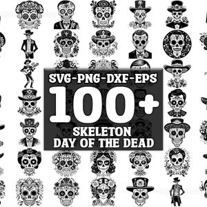 Paquete SVG de esqueletos del Día de los Muertos, conjunto de 100, descarga digital instantánea, png, svg, eps, dxf